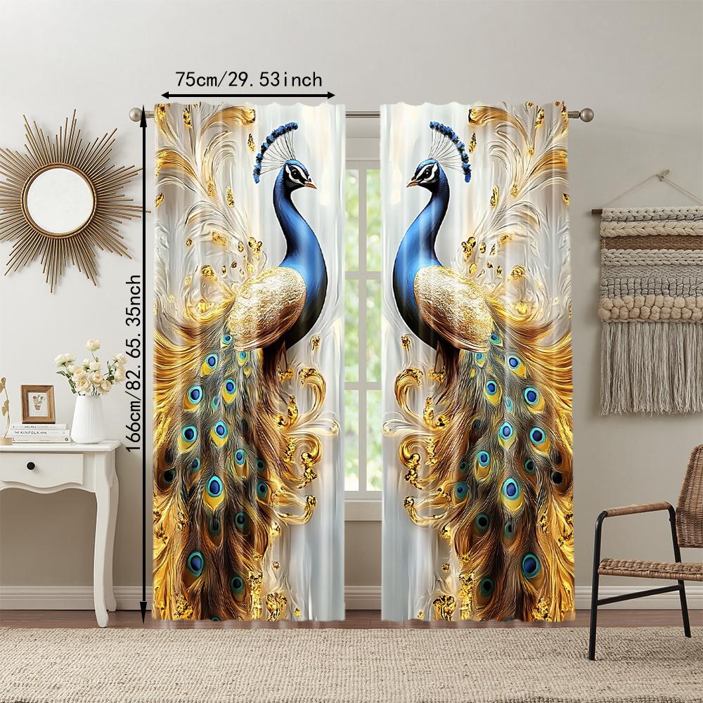 2Pcs Golden Feather Peacock Printed Window Curtains Elegance To Your Home With Luxurious Design And Vibrant Colors Machine