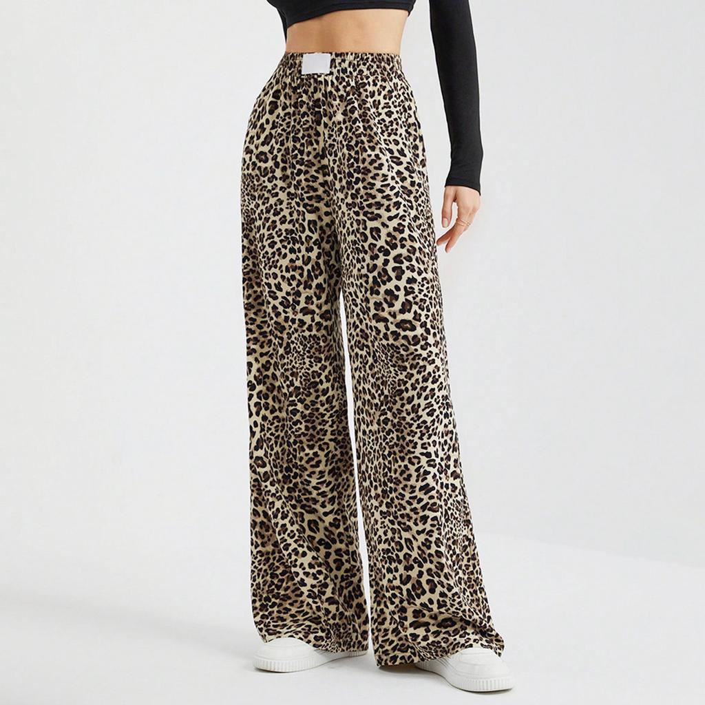 Women's Leopard Print High Waisted Wide Leg Trousers Casual Straight Leg Pants