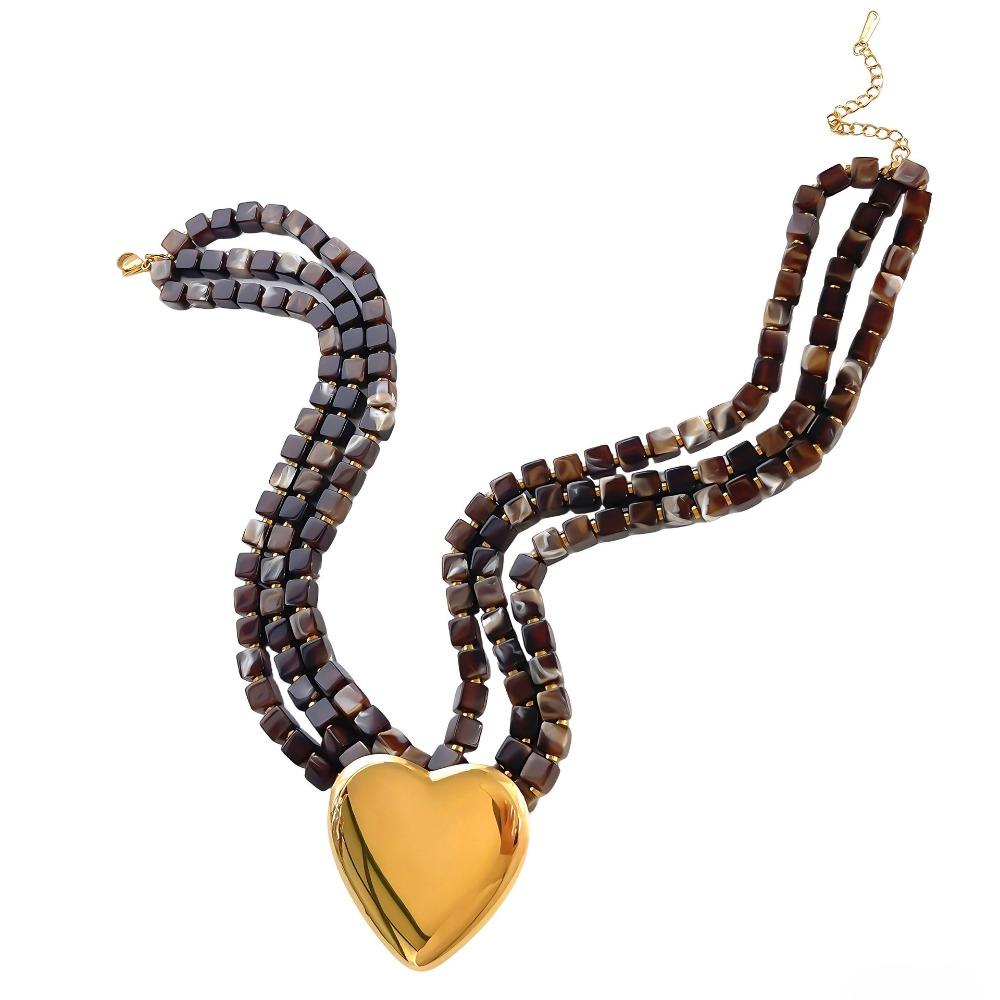Metal Heart Pendant Resin Beaded Necklace Three-layer Personality Women s Necklace Retro Stainless Steel Pendant коричневый