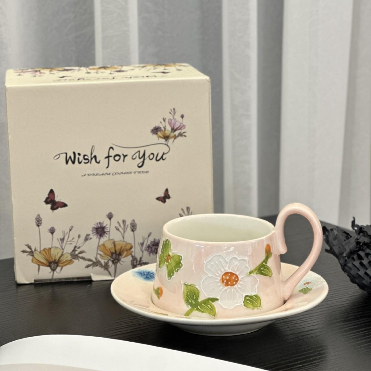 

High value hand-painted relief flower cup and saucer set breakfast cup ceramic cup coffee cup Teachers Day Qixi Festival gift 300ml