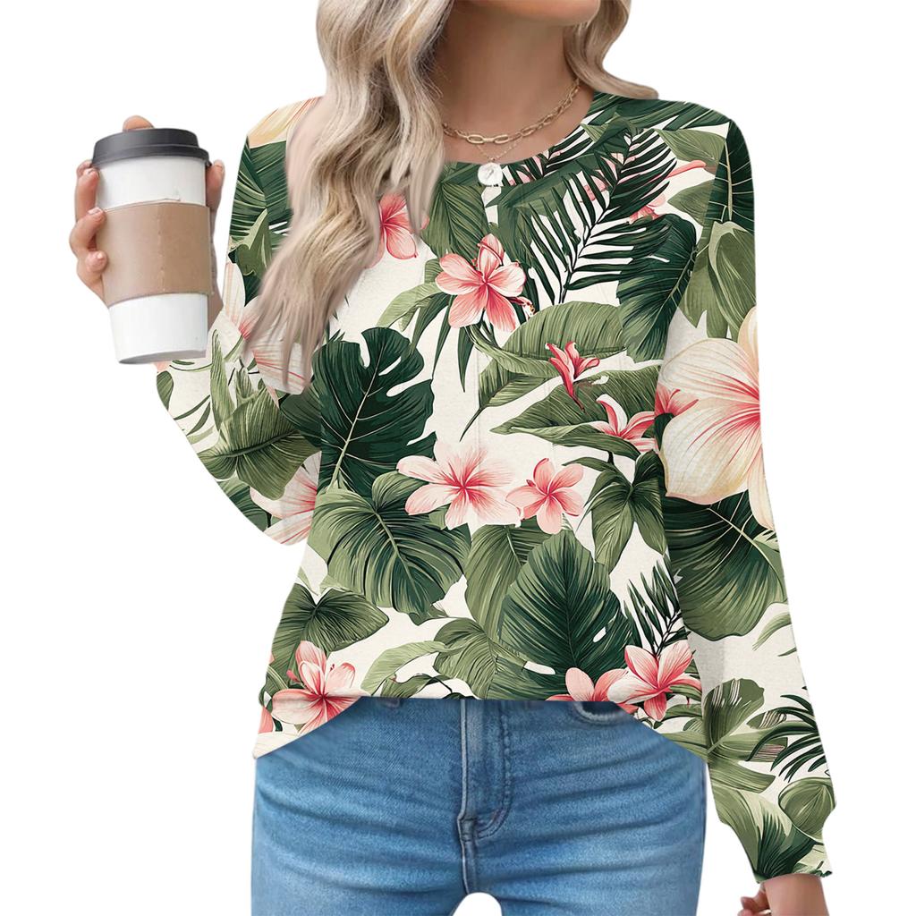 Women's Fashionable Casual Floral Retro Print Pleated Comfortable Round Neck Loose Long Sleeve T-shirt Top