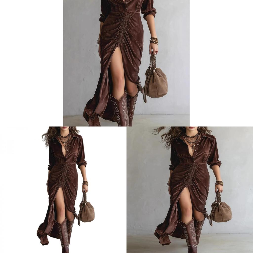 Velvet Long Dress With Ruffles And Split For Autumn Winter Art Vintage Style