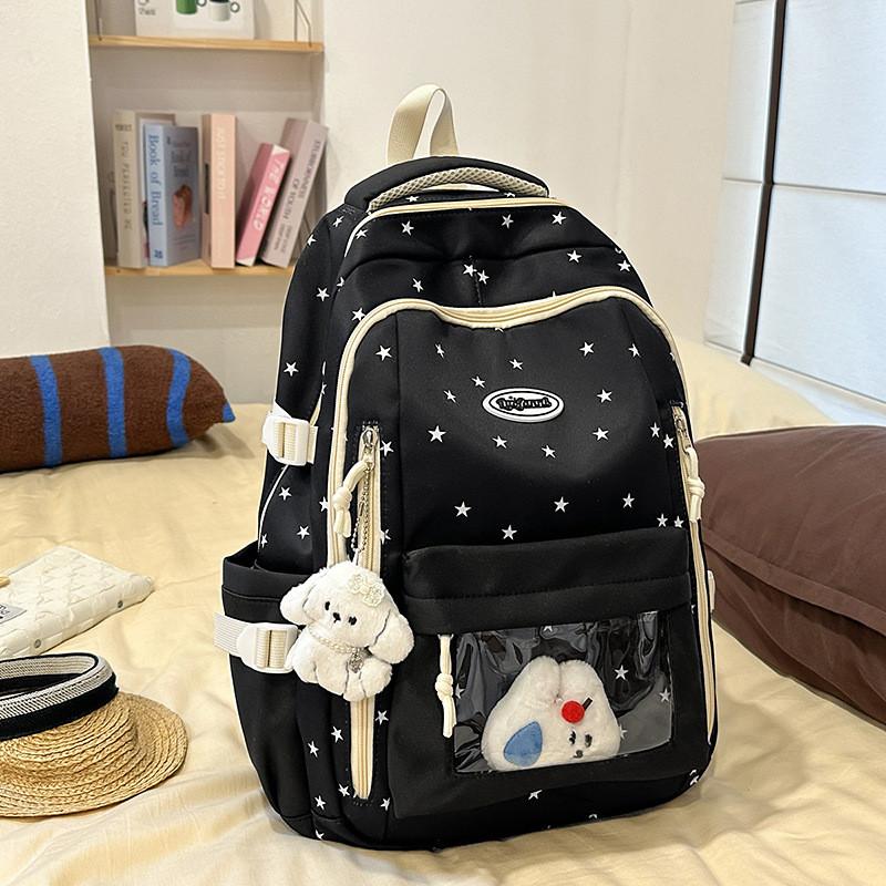 

Nylon Casual Backpack For Middle School Students With Star Print Design And Geometric Pattern For School Use чорний
