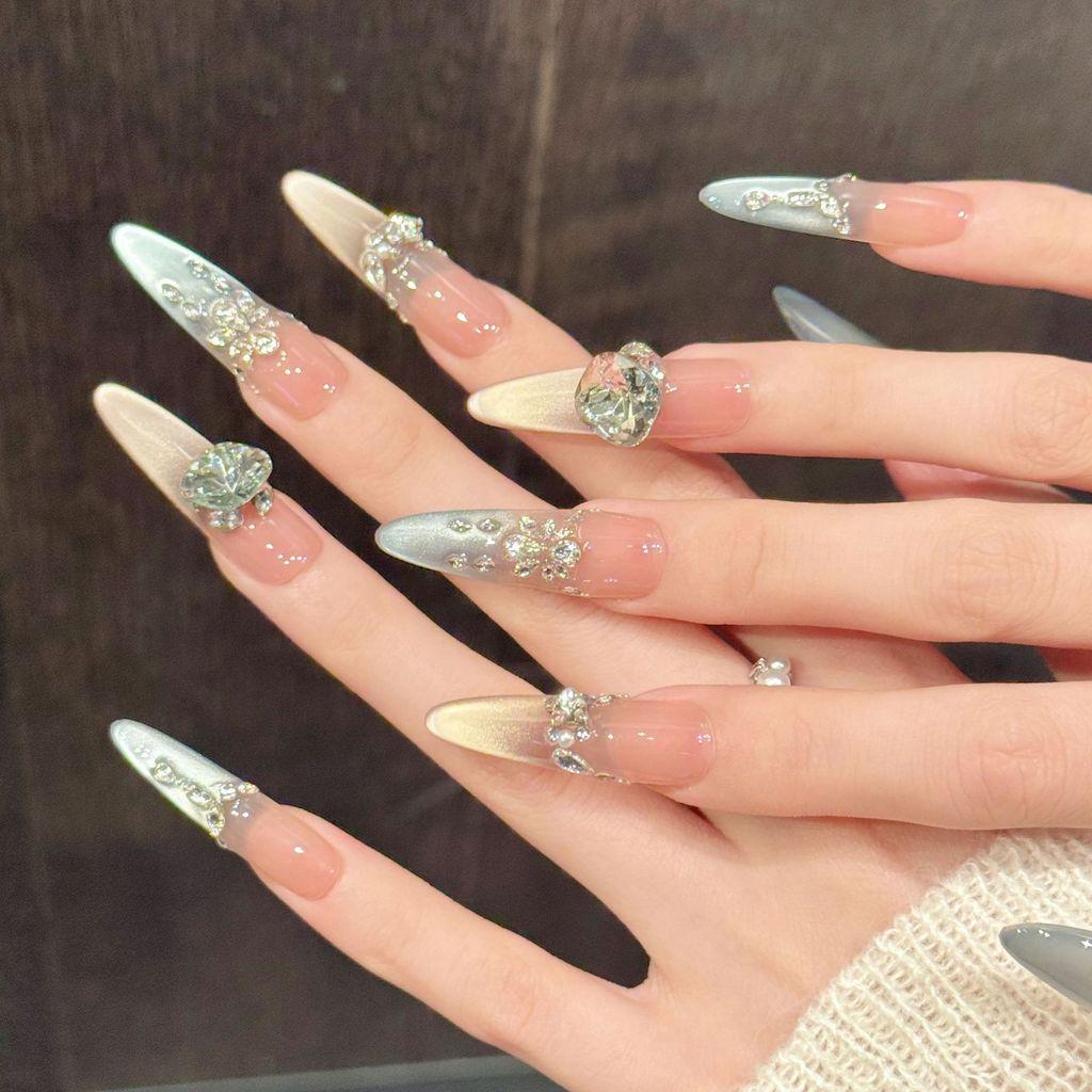 Handmade Press On Nail French Gentle Sparkling Ice-clear Cat Eyes 3D Diamond Light Luxury Long Oval/Stiletto Fake Nail Patch Artificial Nail Reusable