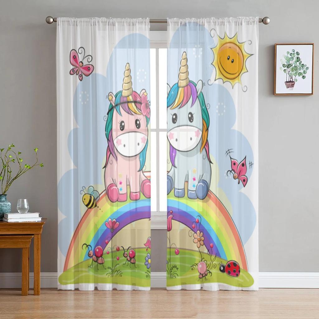 Animal Cartoon Unicorn Sheer Curtains for Living Room Bedroom Tulle Curtains Kitchen Window Treatments Panel Drapes