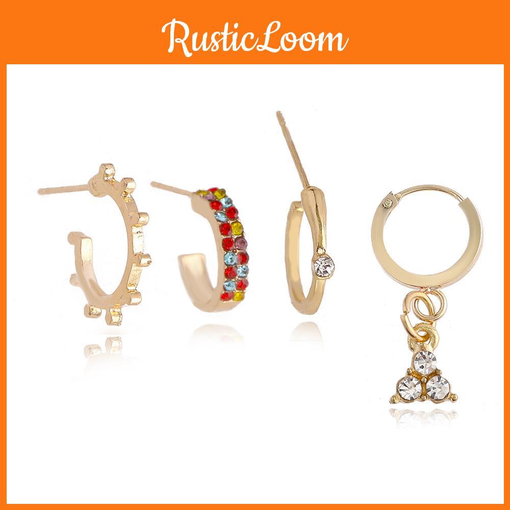 Gold Alloy Contemporary Rhinestone Geometric Stud Earrings Set Women For