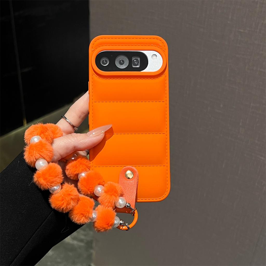 Down Jacket Pearl Hairball Wrist Strap Phone Case for Google Pixel 10 Pro XL 9 9A 8 7 7A 6 6A 5A 5 Protective Soft TPU Cover