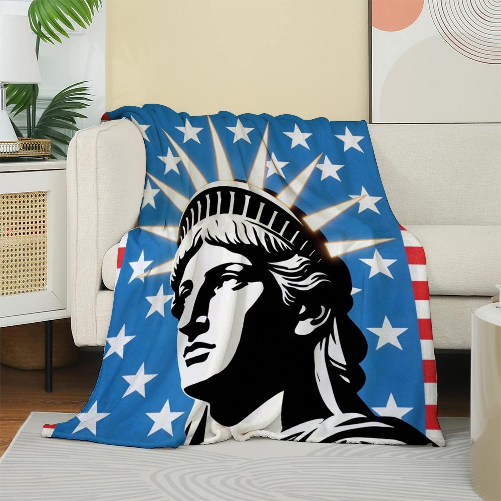 American Flag & Statue of Liberty Flannel Blanket, Patriotic USA Pattern Throw, Soft Cozy for Home Decor, Warm Sofa Couch Gift