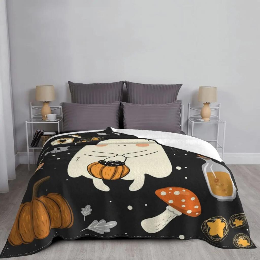 Halloween Pumpkin Ghost Blanket Flannel Print Scary Nap Multi-function Super Warm Throw Blanket for Sofa Office Bedspreads