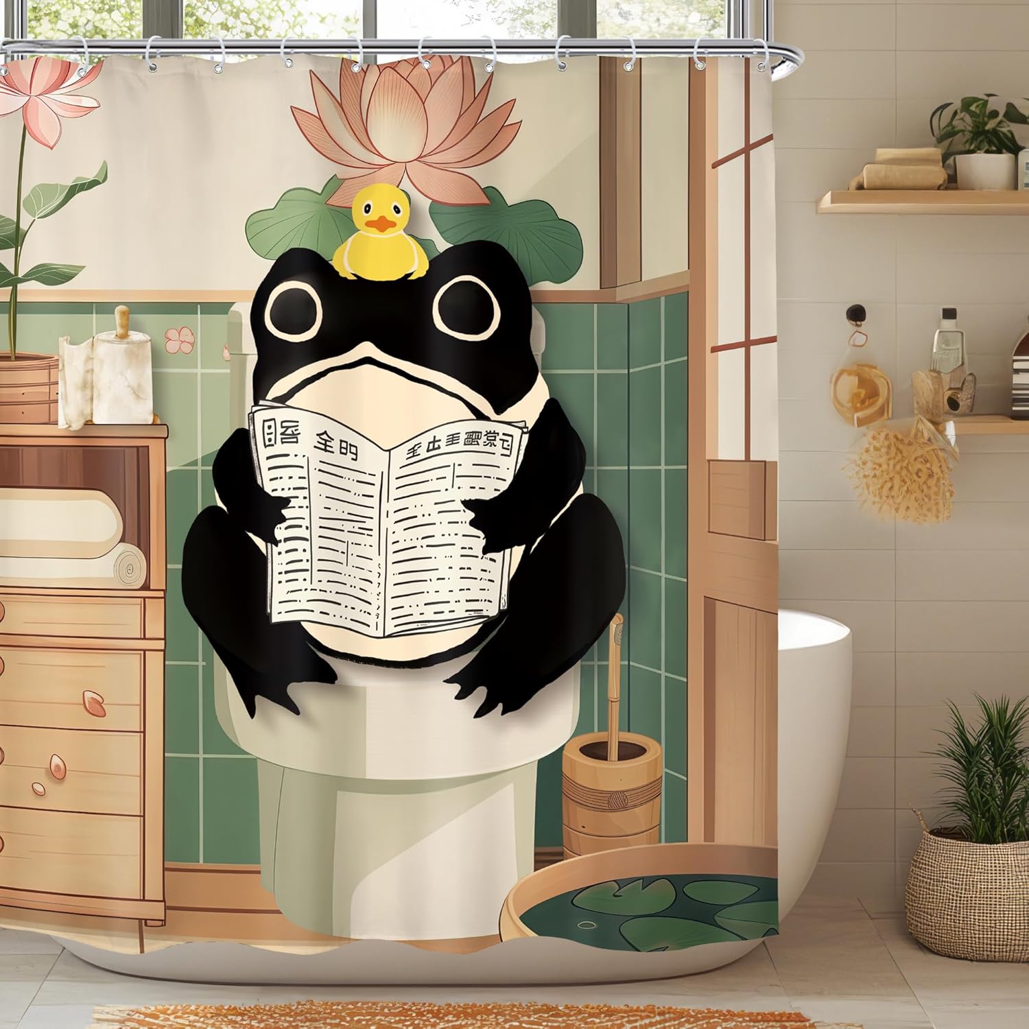

Cute Frog With Duck And Lotus Shower Curtain Anime Style Japanese Bath Theme Funny Animal Art Waterproof Bath Linen Home Decor W60H190(CM)-1 Pcs