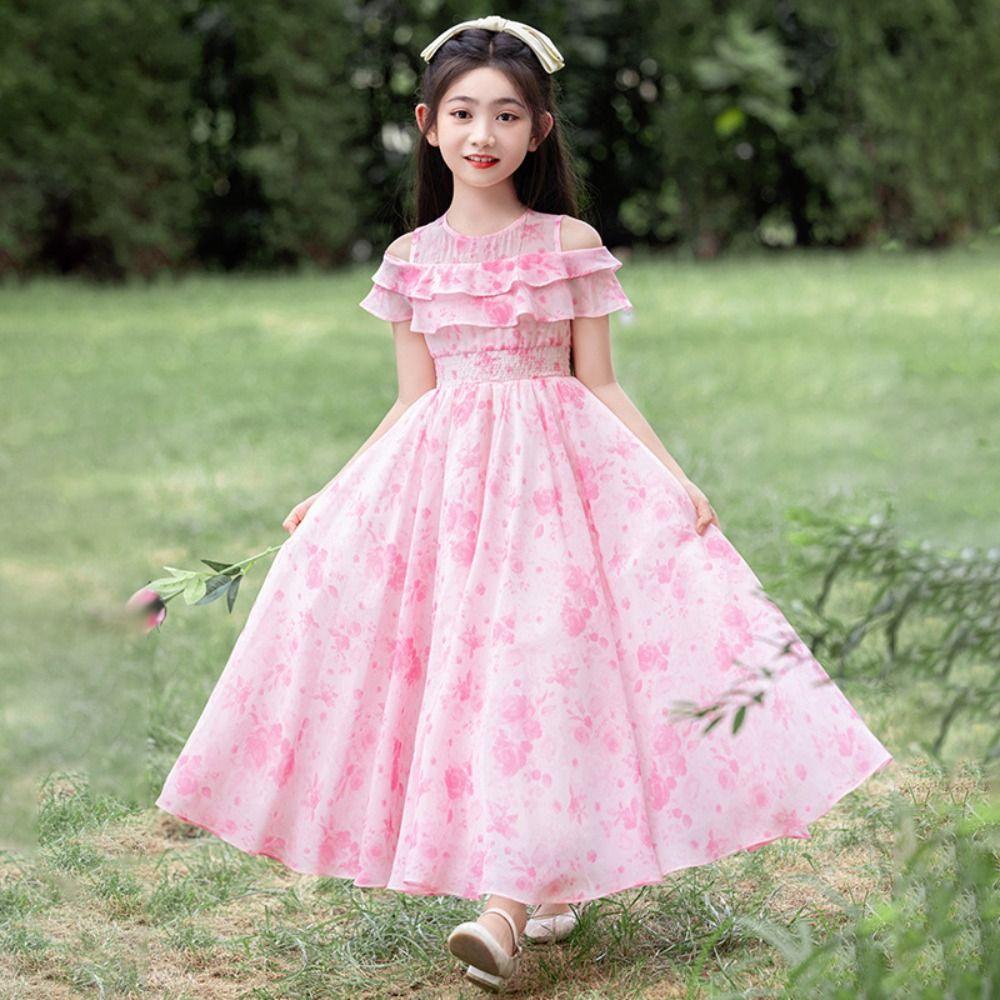 Loose Girls Chiffon Floral Dress Teenagers Children Princess Dress Summer Kids Dresses  Students