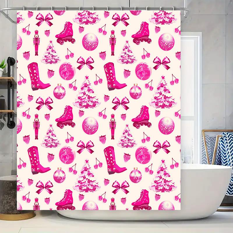 Vintage Christmas Shower Curtain with Pink Festive Print for Bathroom Decor 3D Waterproof Wall Covering Set for Home Decoration