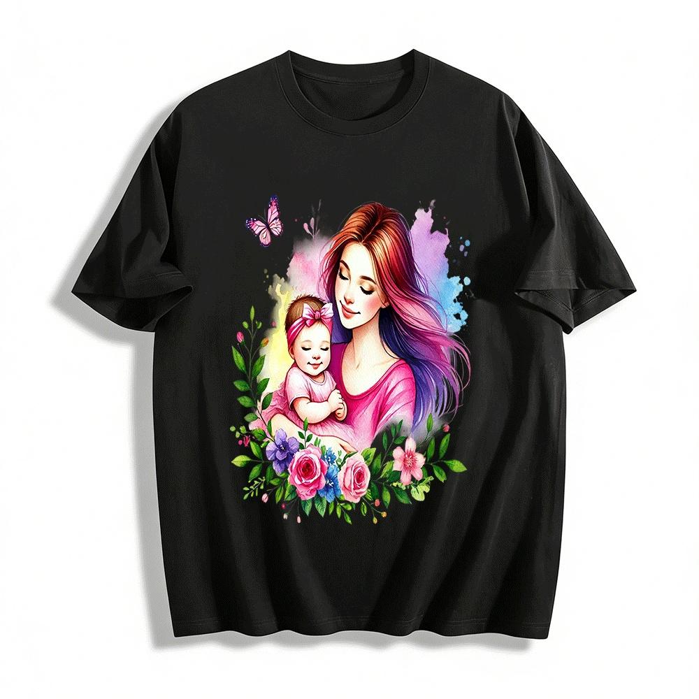 

Watercolor Mother Baby Print Casual Short Sleeve Family T-Shirts Pure cotton T-shirt XXS