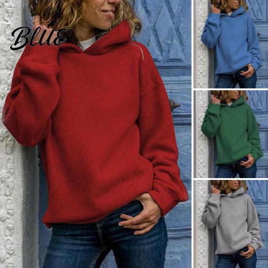 Thick Hoodie Fall Winter Women Pure Color Loose Long Sleeves Elastic Relaxed Fit Pullover Cuff Warm Sport Top Casual Style Street Wear Autumn