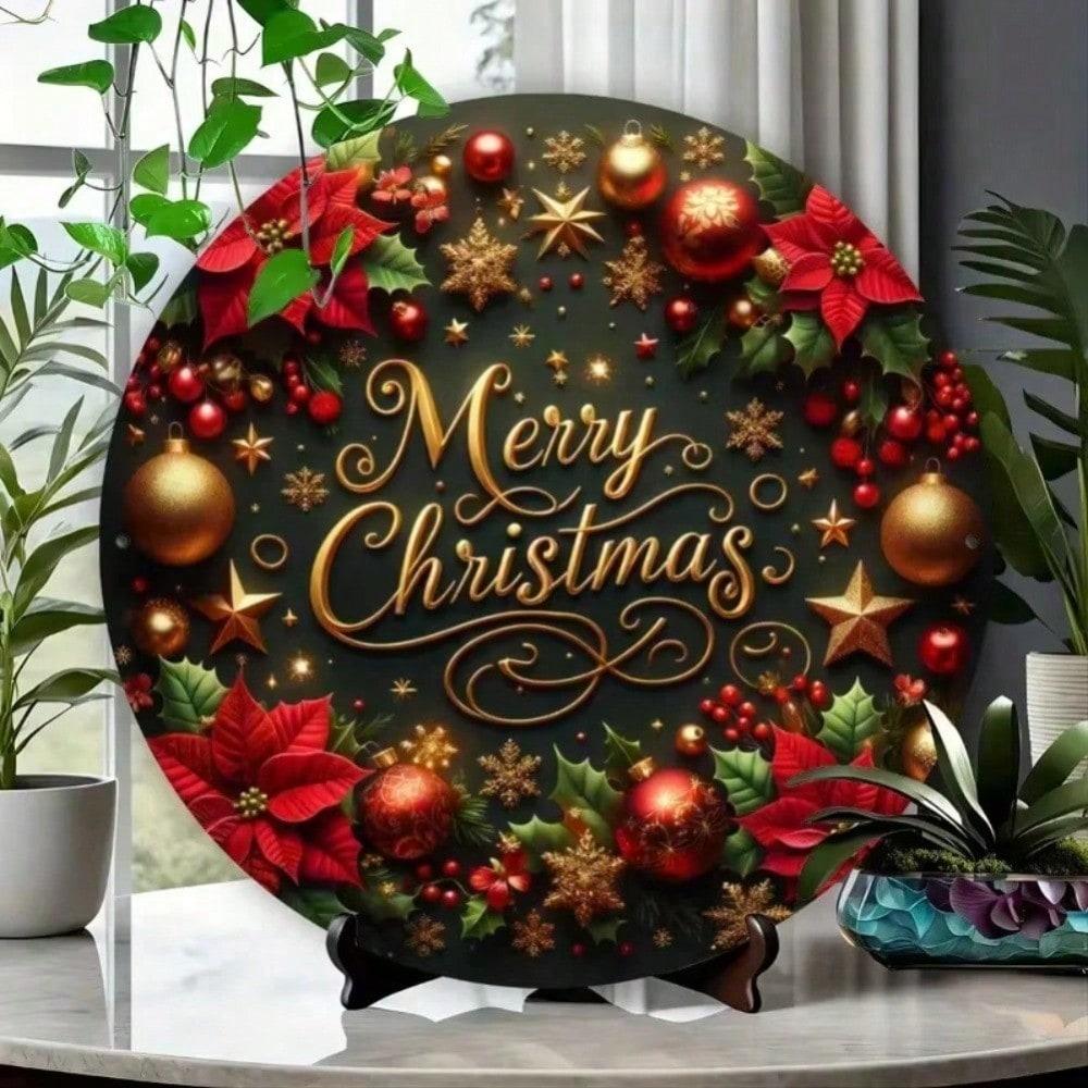 8" Round Cozy Christmas Wreath Metal Sign, Festive Tin Plate Holiday Wall Decor For Home Living Room Kitchen