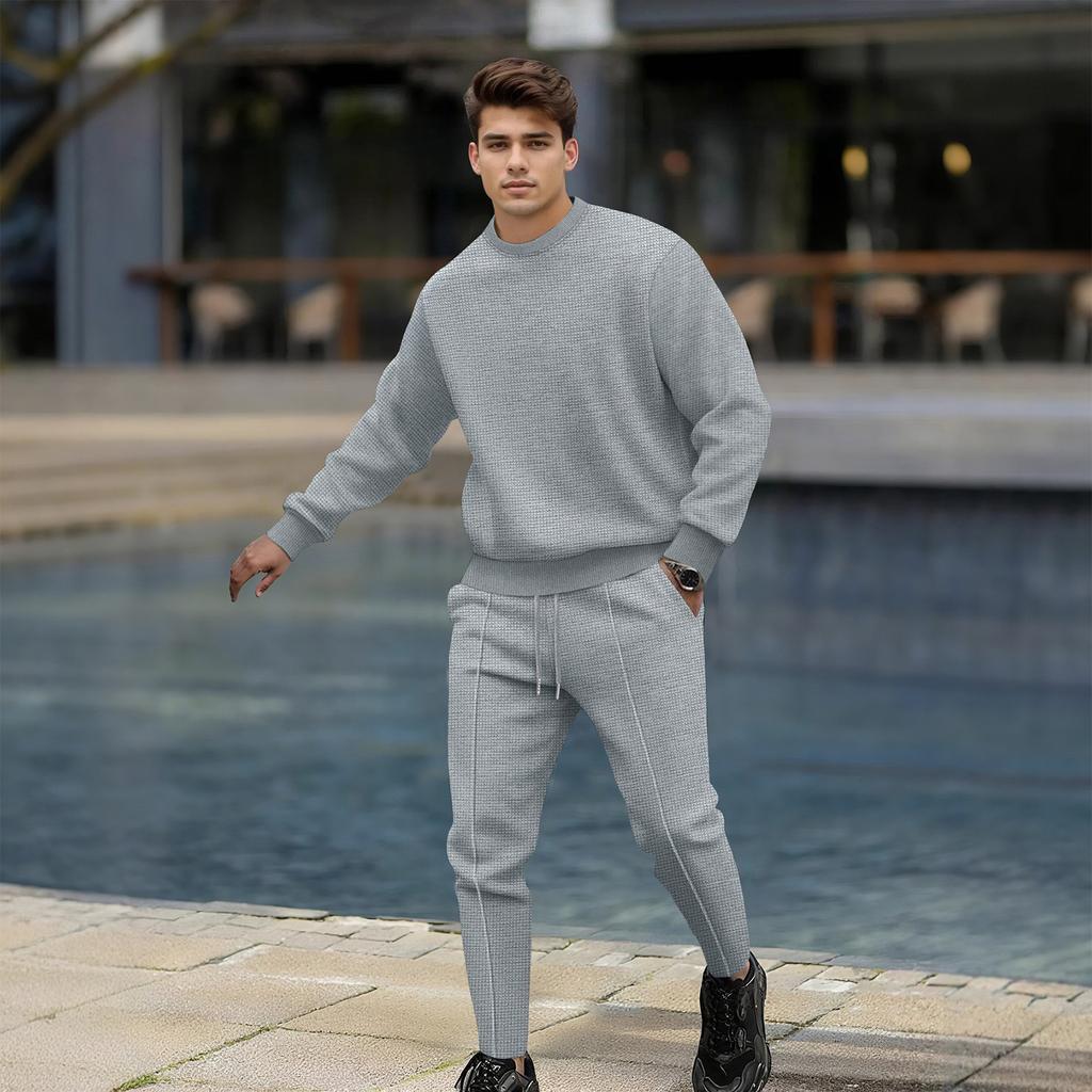 Men's Solid Color Pullover Long Sleeved Casual Sports Round Neck Top And Trousers Suit