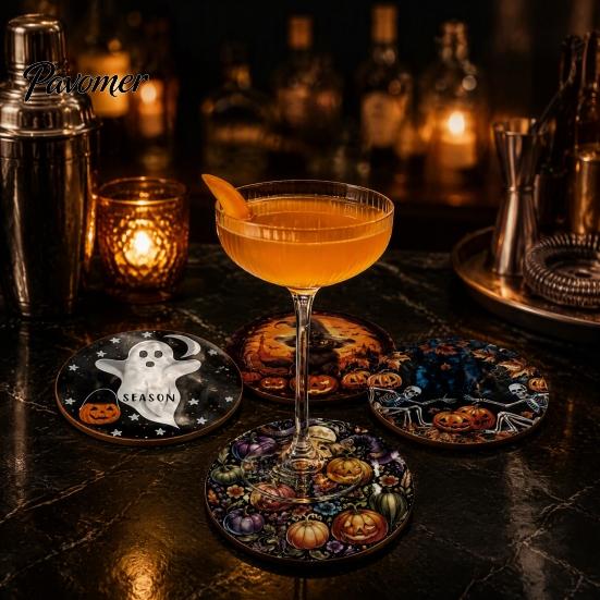 Decorative Placemats for Fall Home Decor Halloween Wooden Coasters, Dining Table, Heat Resistant Table Mats Coasters Party with Pumpkin Ghost Skeleton