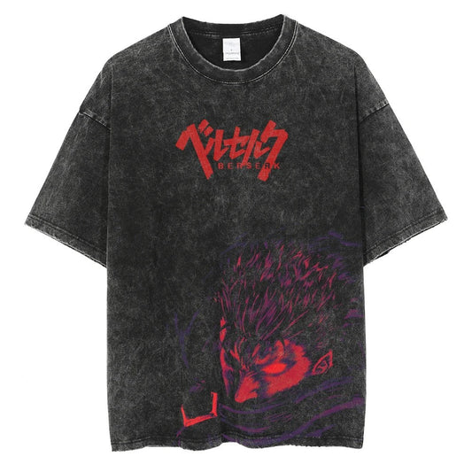 Japanese Anime Berserk Retro Washed T-shirt Men and Women Summer Harajuku Y2K Clothing Fashion Round Neck Short Sleeved Tee