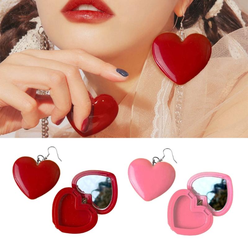 Minimalist Red Heart Earring with Mirror Pendant Hook Earring Jewelry Gift Acrylic Cosmetic Case Dangle Earring Women