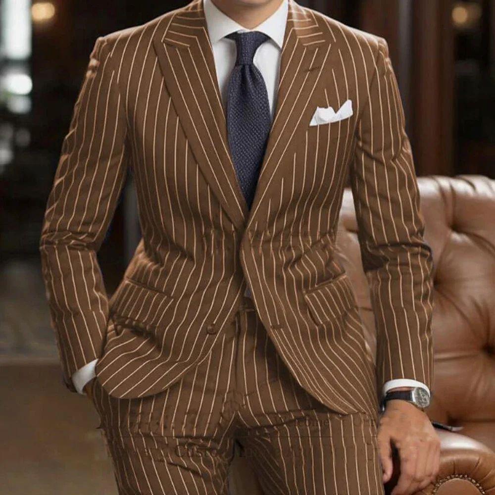 Fashion Double Breasted Peaked Lapel Blazer Royal Blue Striped Men's Suits Custom Wedding Tuxedos 2 Pieces Jacket Pants Outfits