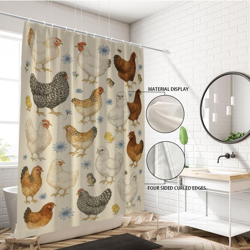 1pc Countryside Style Hen Print Waterproof Shower Curtain Bathroom Partition Privacy Multiple Sizes 12 Hooks Easy To Install