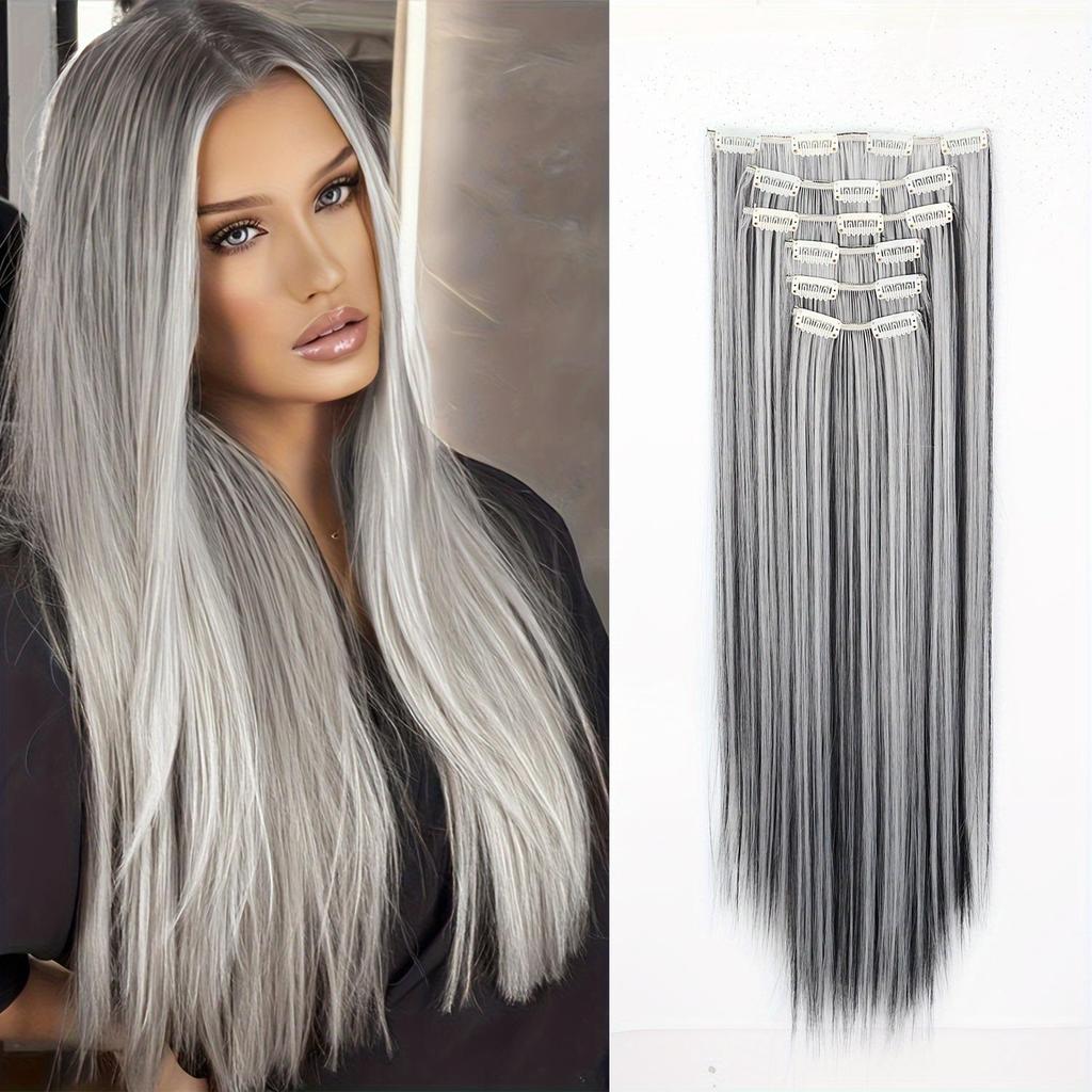 6PCS Clip in Hair Extensions 24" Straight Long Synthetic Hairpieces for Women Daily Party Halloween Black Brown