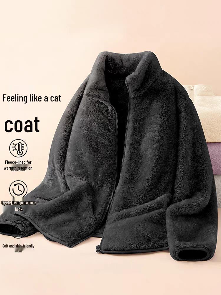 Women's Double-Sided Fleece Jacket - Short Sleeve, Loose, Plus Velvet, Thickened for Autumn/Winter Warmth, Coral & Sherpa Fleece Pajamas.