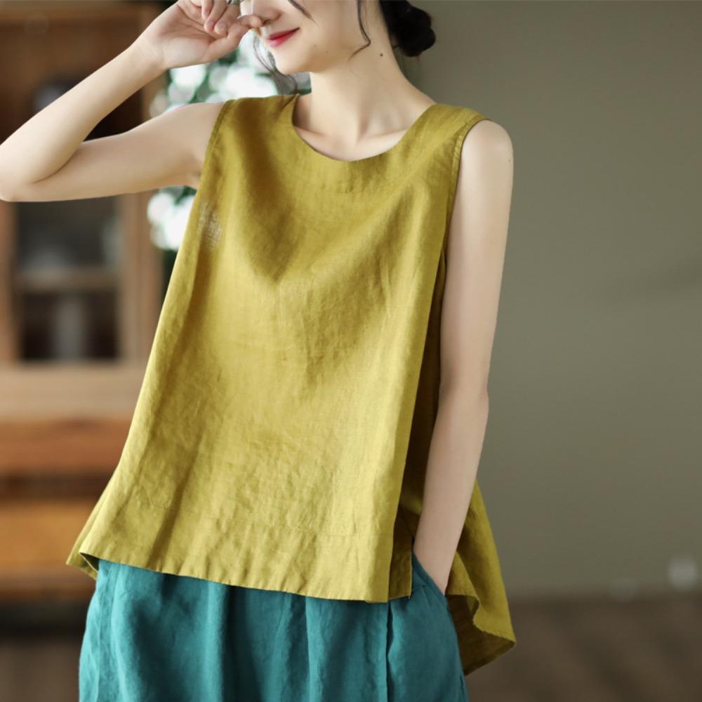 Women Solid Linen Sleeveless Tank Top Round Neck Loose Side Split Casual Vintage Literary Summer Camisole Blouse