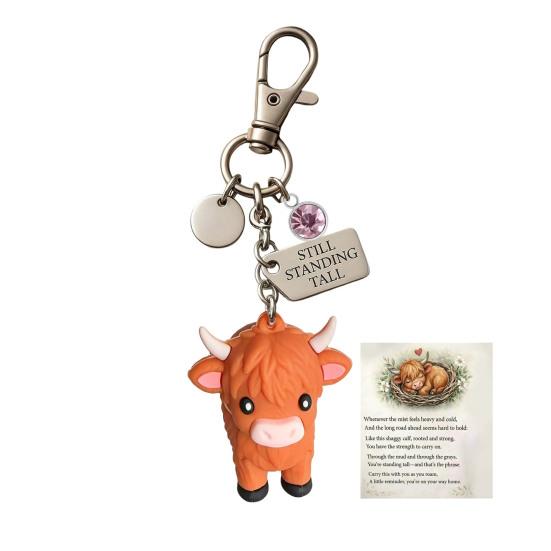 A Little Highland Cow for You Keychain, 3D Resin Highland Cow Keyring with Birthstone & Sentiment Card, Your Daily Reminder B June