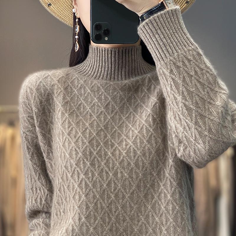 Women's Cashmere Diamond Knit Pullover: Half-High Collar, Thick, Loose-Fit, Korean Style Winter Sweater.