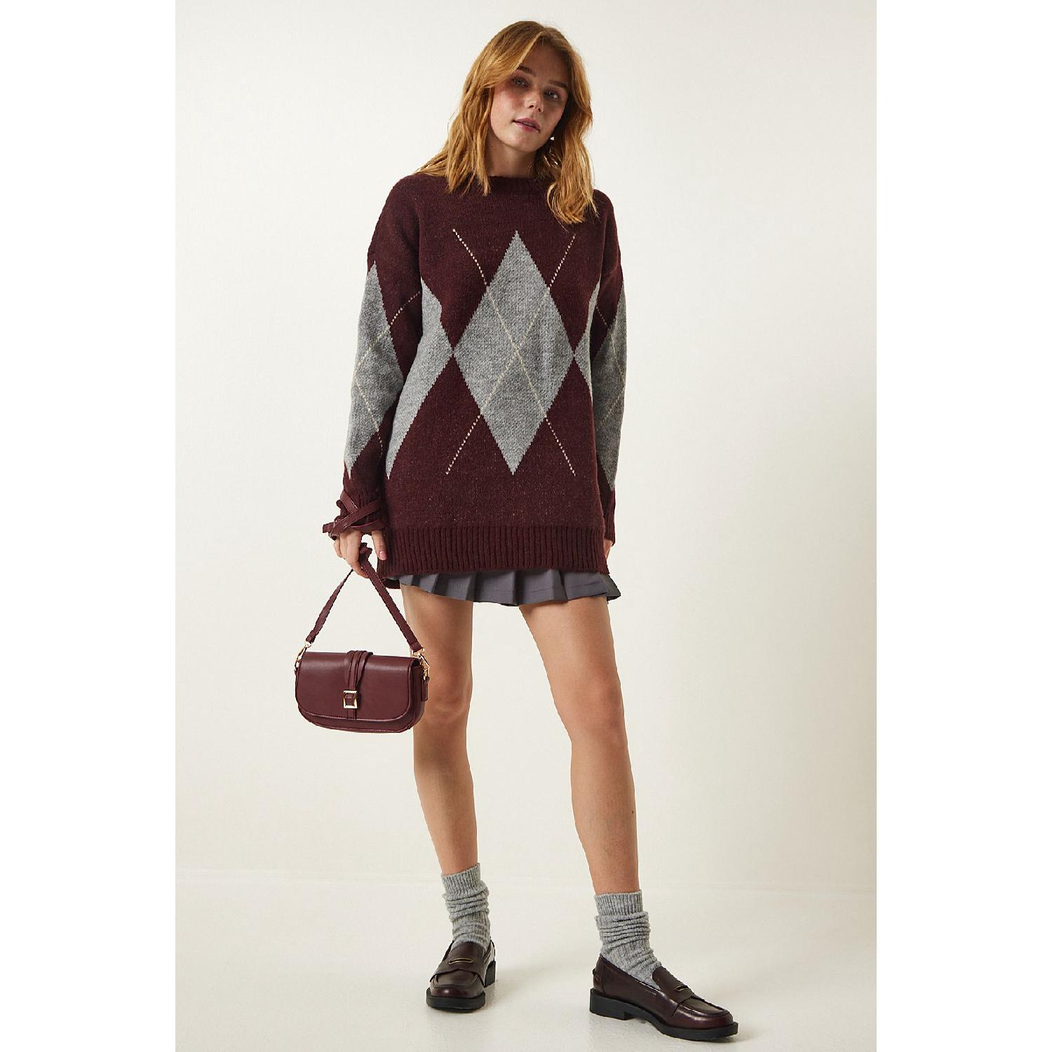 

Burgundy Gray Premium Diamond Patterned Oversize Knitwear Sweater Fn03163 Standart мышьяковый