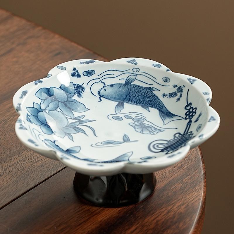 Blue and White Porcelain High Foot Dessert Plate Creative Ceramic Fruit Tray for Tea Room Dry Nuts Snacks Serving Tray