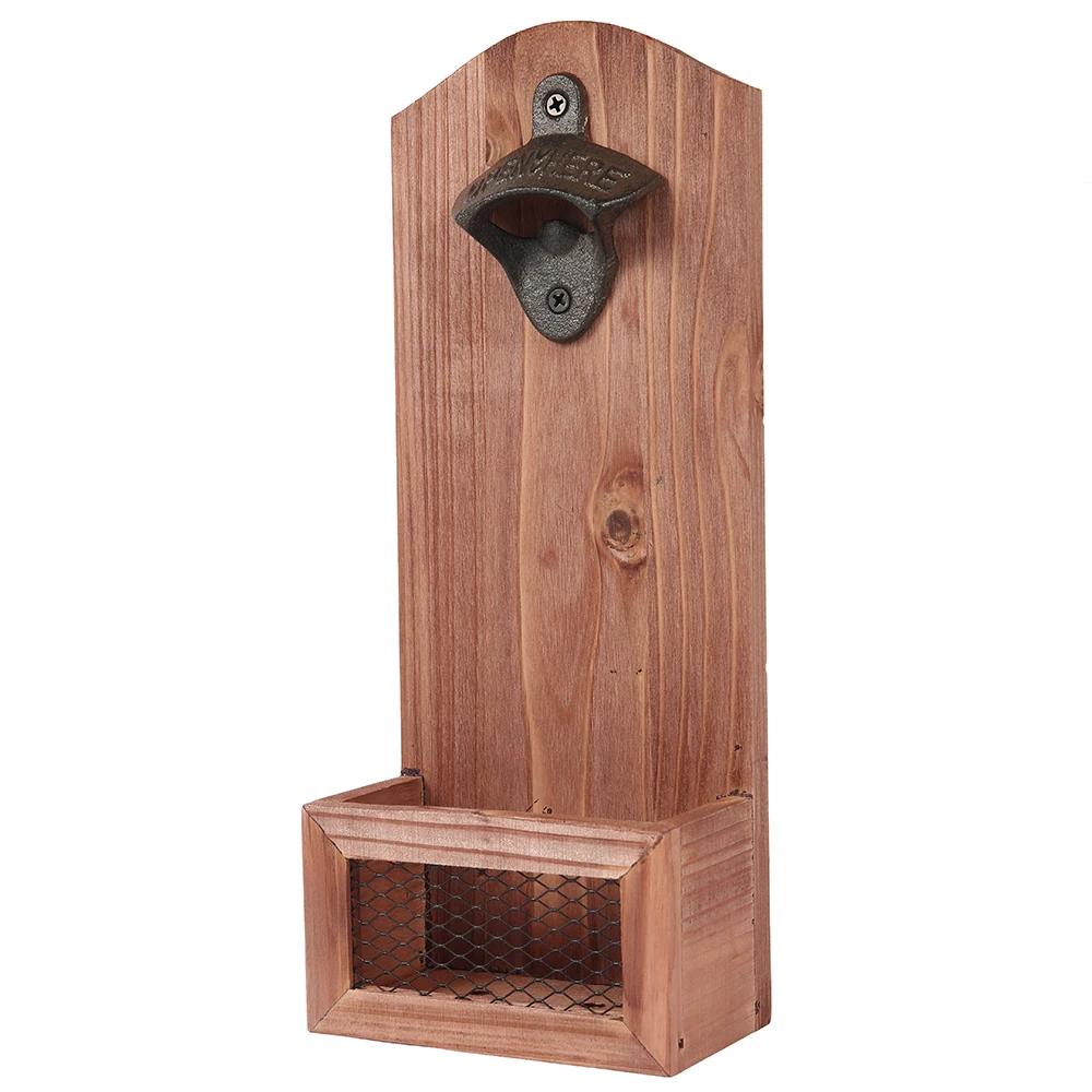 Vintage Bottle Opener Wooden Wall Mounted Beer Bottle Opener with Cap Catcher for Beer Lovers Household Kitchen Bar Tools