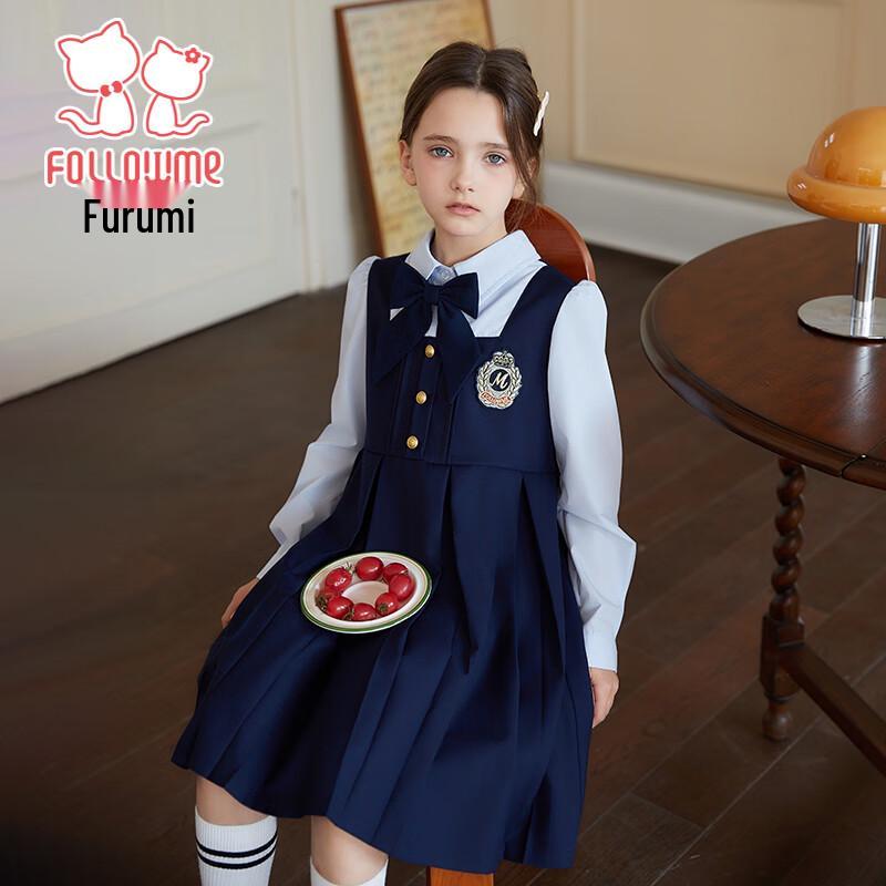 Девочковое платье в школьном стиле с бантом, плиссировкой, имитирующее двойку 120