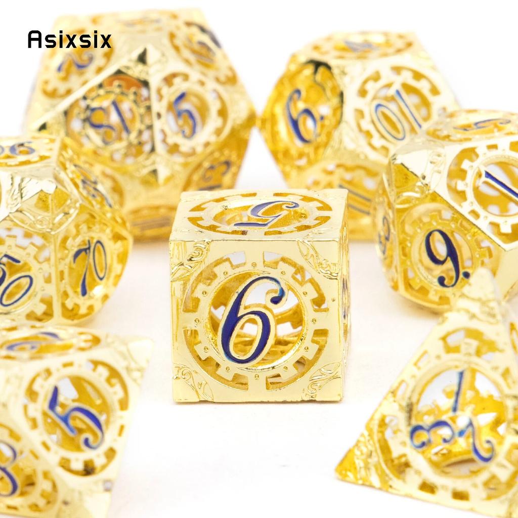 7 Pcs Yellow Blue Gear Wheel Metal Dice Hollow Metal Polyhedral Dice Set Suitable for Role-Playing RPG  Board Game Card Game