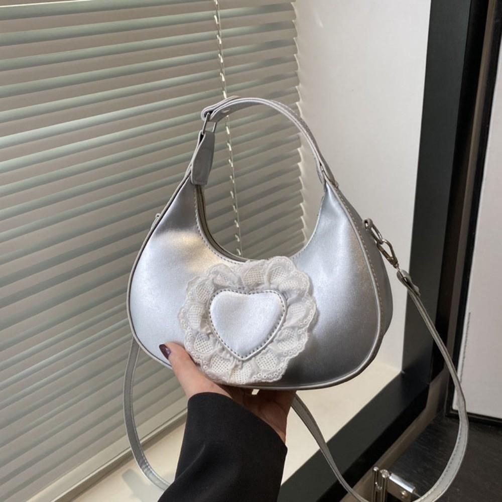 Casual Solid Color Love Heart Crossbody Bag Korean Style PU Leather Women Underarm Bag Handbag All-match Crescent Bag Women