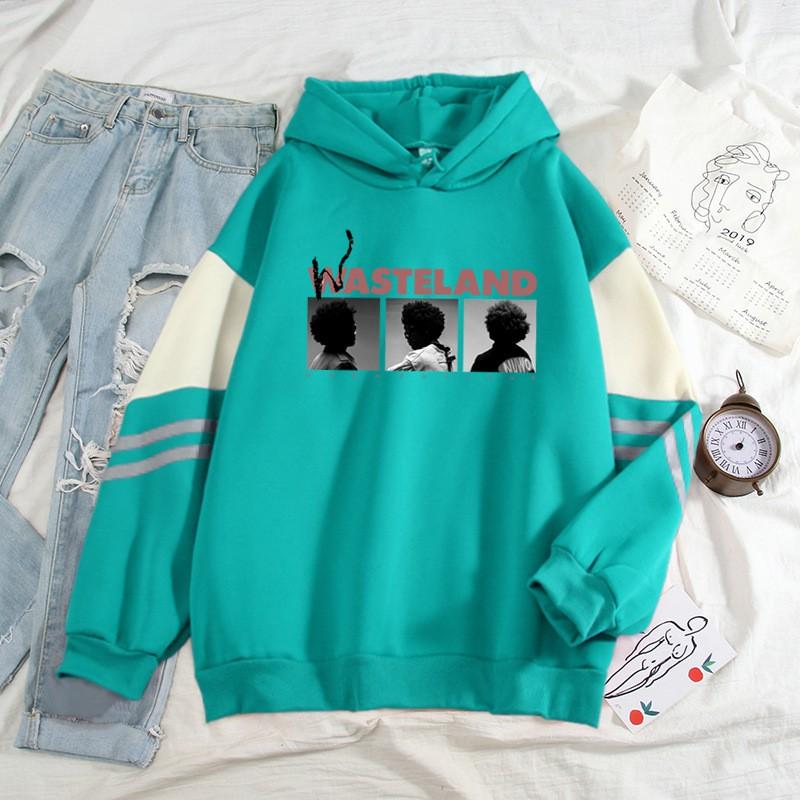 American Retro Color Block Hoodie Couple Loose WASTELAND Print Sweatshirt Streetwear Teens
