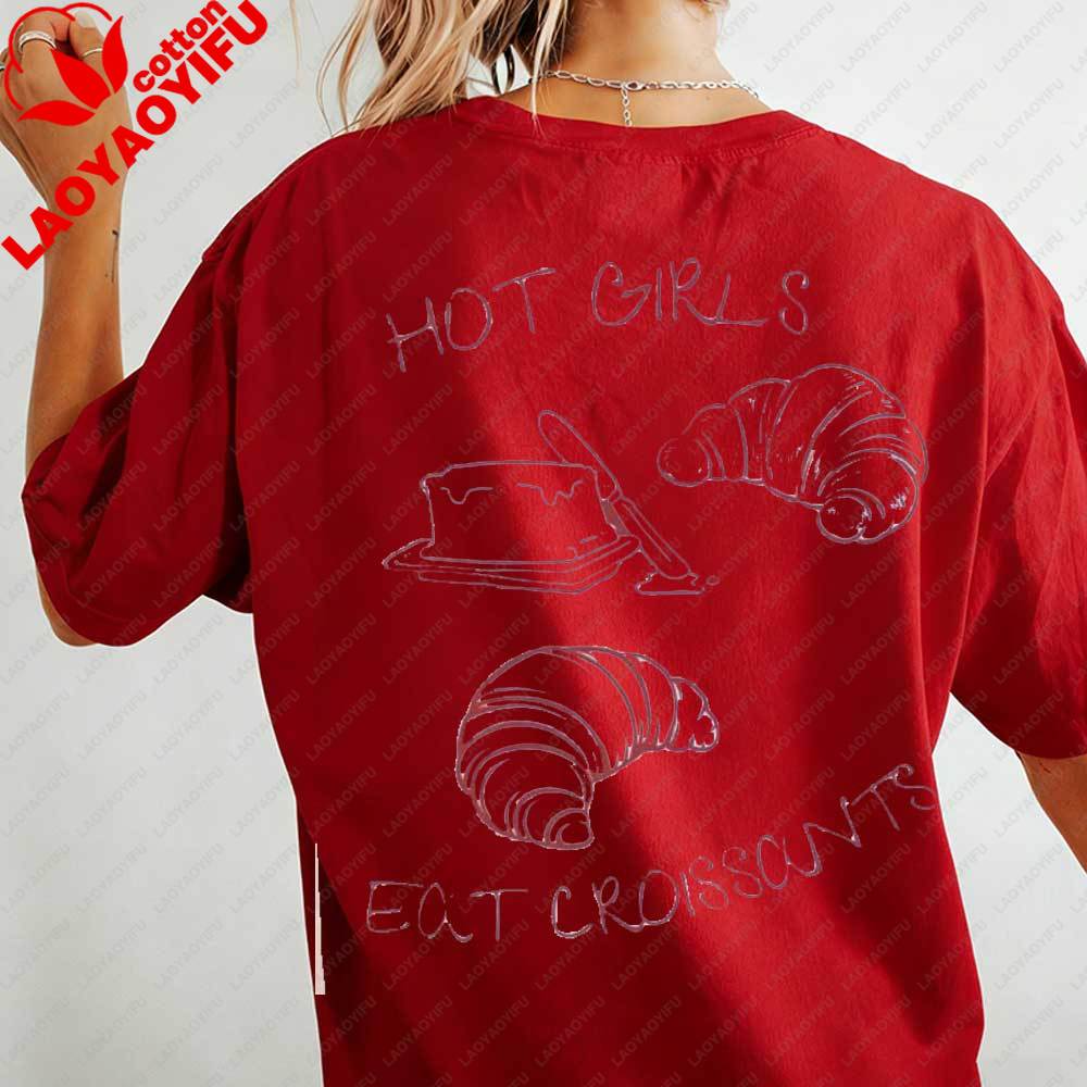 Retro Hot Girls Eat Croissants Womens TShirt Cute Food Graphic Cotton Short Sleeve Tops Gift for Croissant Coffee Lovers