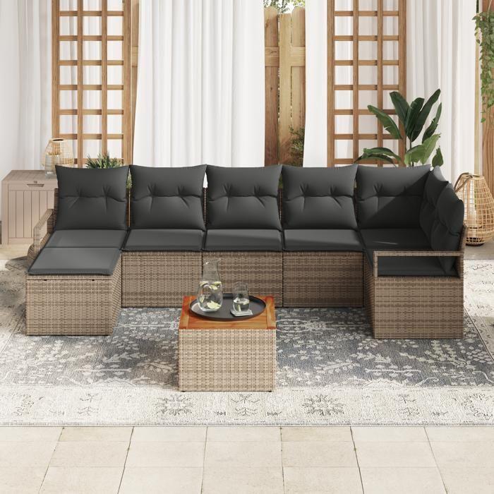 Ensemble de 9 Canapés de Jardin avec Coussins en Gris Poly Rattan Acacia, Canapé de Jardin 2 Places avec Coussins en Gris 3347741