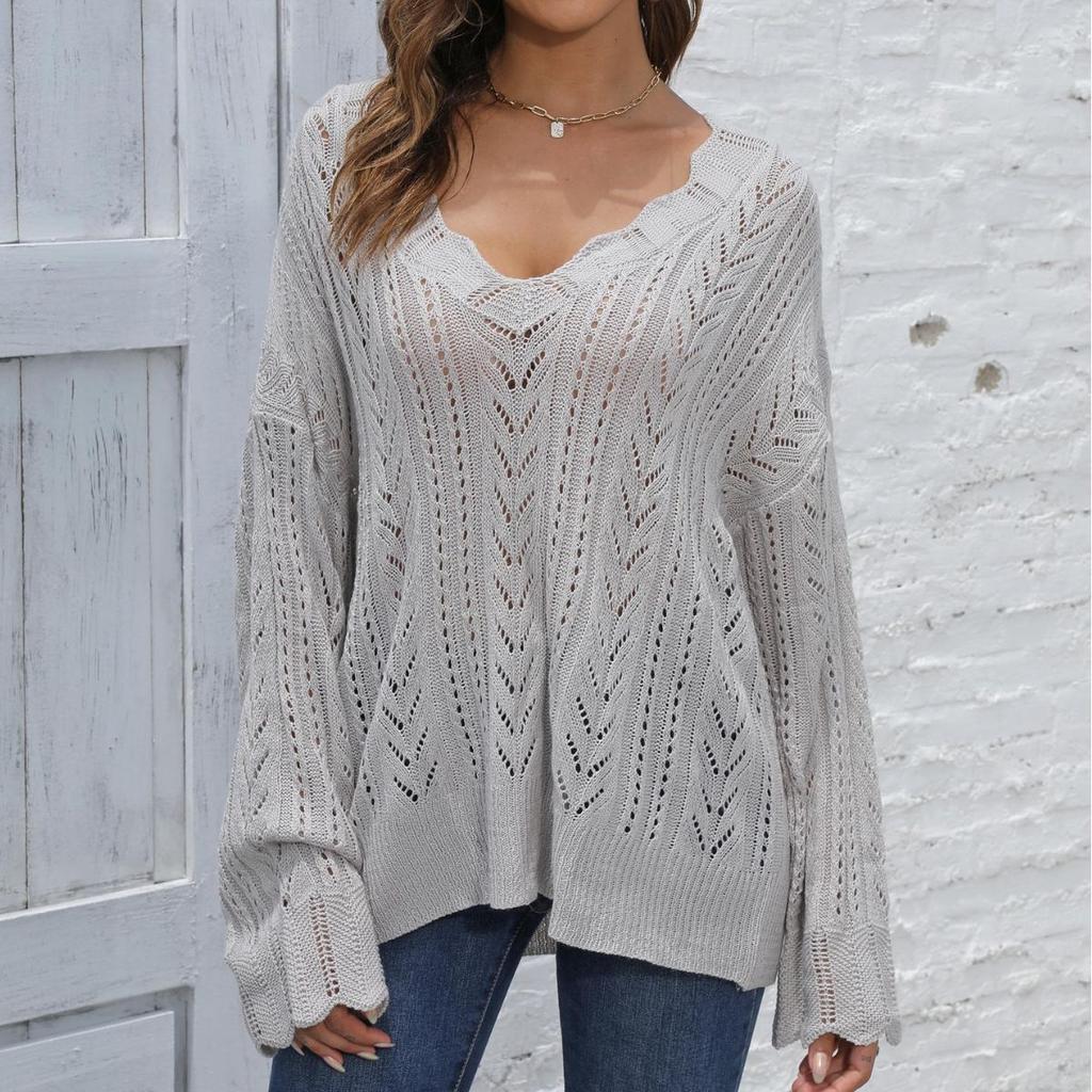 Damenpullover für Herbst und Winter, ausgehöhlter, gewebter, tiefer V-Ausschnitt, lockerer, lässiger Pullover
