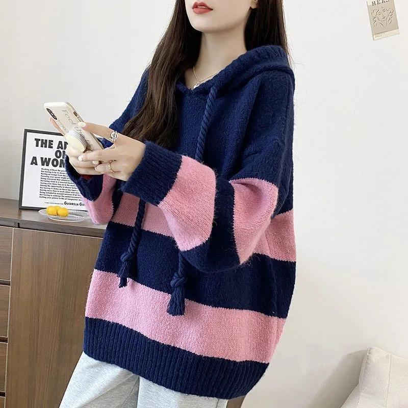 Sweater for Women Autumn Winter Thickened Hooded Pullover Warm Knitted Striped Stretchy Long Sleeve Oversize Jumper Sweater Tops