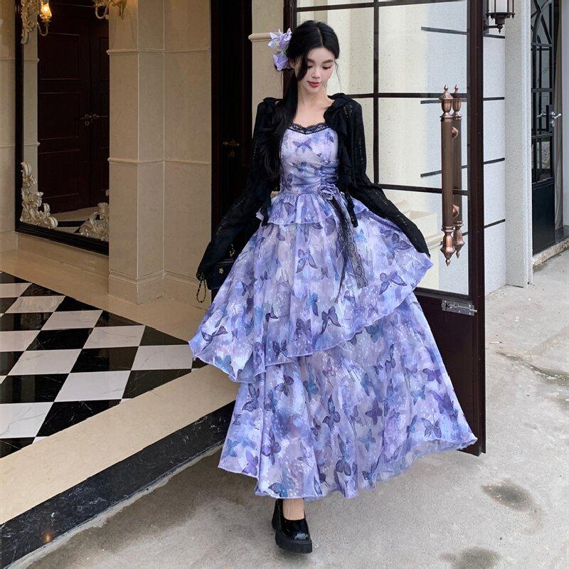 French Beautiful Dress Women's Summer New Butterfly Print Smudge Irregular Waist Suspender Long Dress