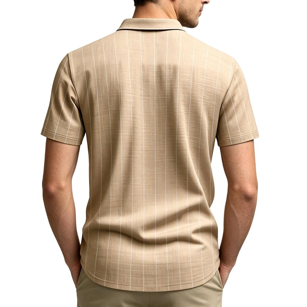 Men's Linen Button Down Shirt Vertical Stripe Pattern Short Sleeve Casual Loose Fit Breathable Summer Shirt with Turn Down Collar
