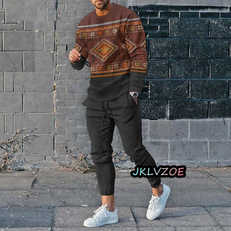 Autumn Men's Tracksuits Casual Long Sleeve T-shirt Trousers Sets 2Pcs Vintage Joging Suits Male Clothing Jogging Pants Outfits