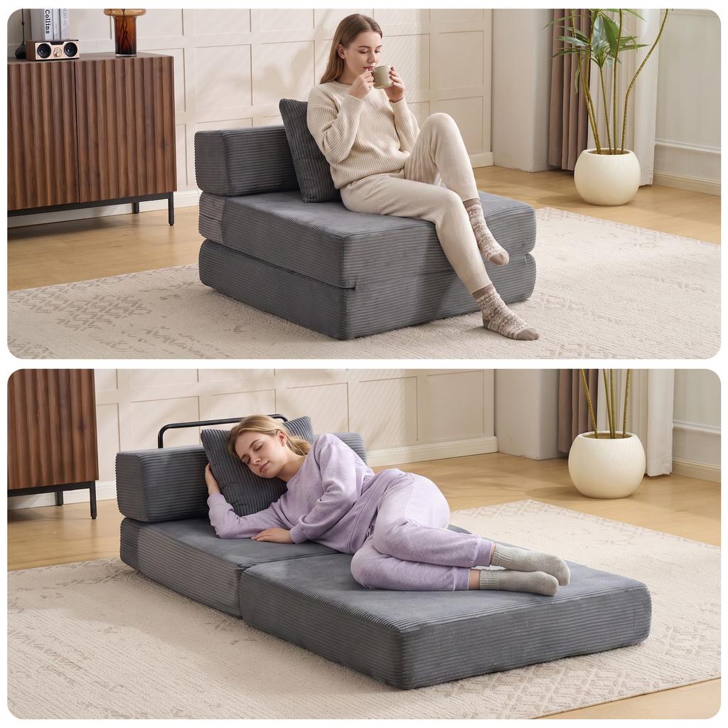 Floor Couch,Compression Sofa,Convertible Sofa Bed-with Pillow Back Support Armrest,Corduroy Fabric,for Living Room Bedroom,Dark Grey