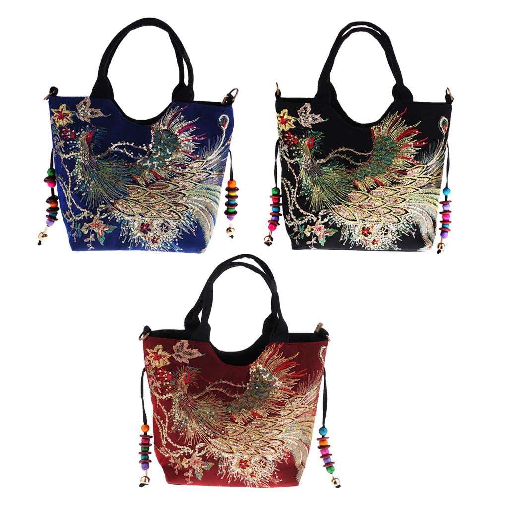 Handmade Retro Peacock Embroidery Bag with Zipper Woman Handbag Shoulder Bag