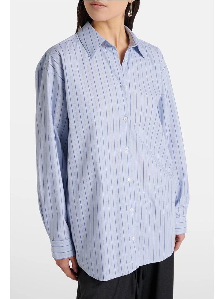 Si Yuan Women s Ice Blue Cotton Stripe Shirt - 2026 Casual Loose Long Sleeve Top Medium