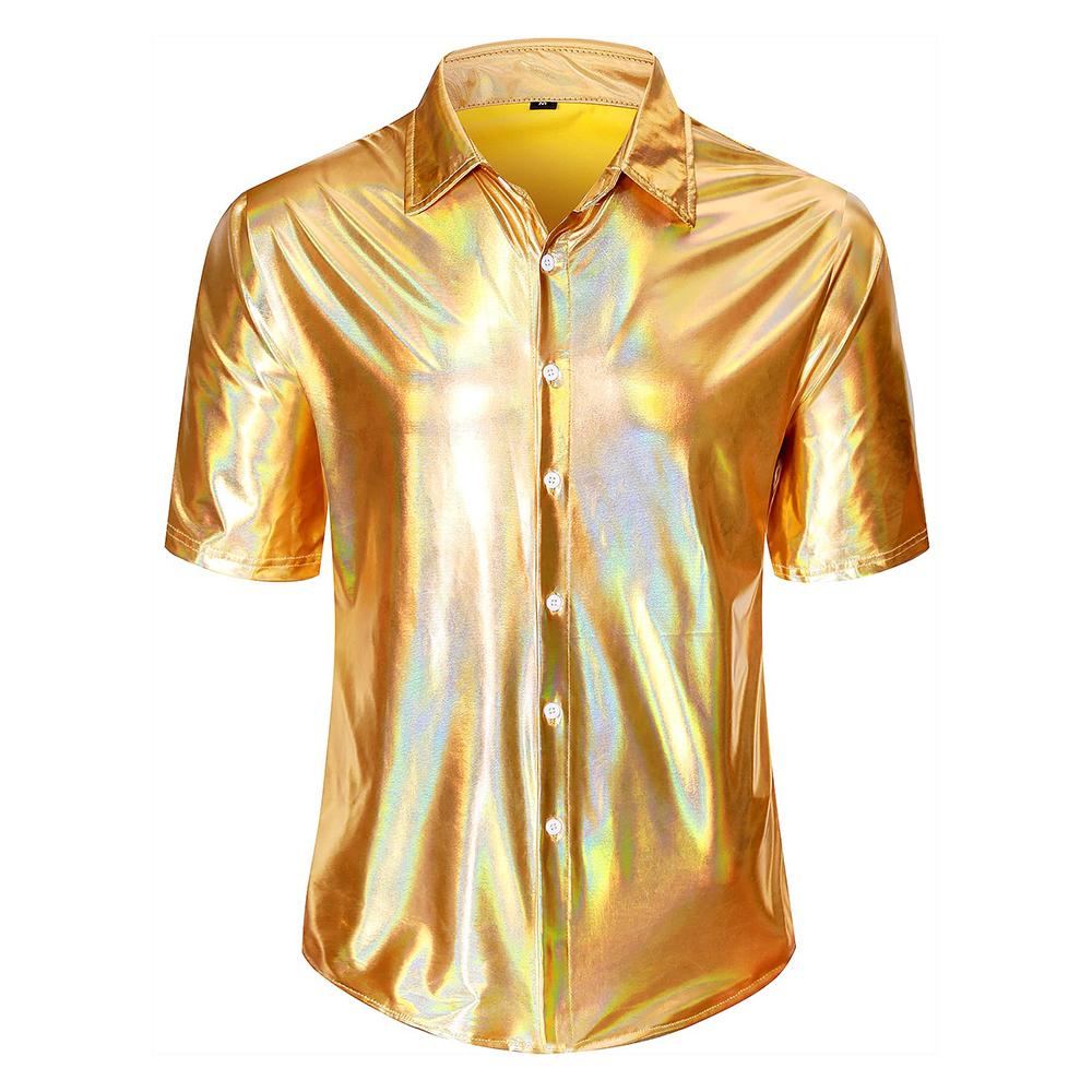 Men s 70s Disco Shirts Shiny Metallic Short Sleeve Button Down Dance Nightclub Party Costume Banquet Stage Performance Prom Tops M