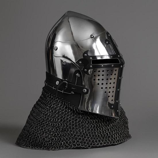 Medieval Templar Crusader Helmet Black Steel Knight SCA Helmet with Chainmail Cosplay Helmet, For Halloween Gift