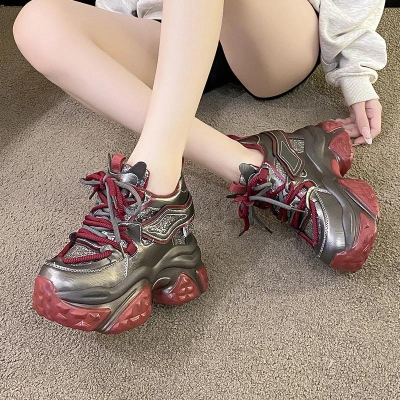 Fashion Women Chain Chunky Sneakers White Black Fashion 10CM Thick Sole Casual Ladies Vulcanized Shoes Sport High Platform Sneaker Woman